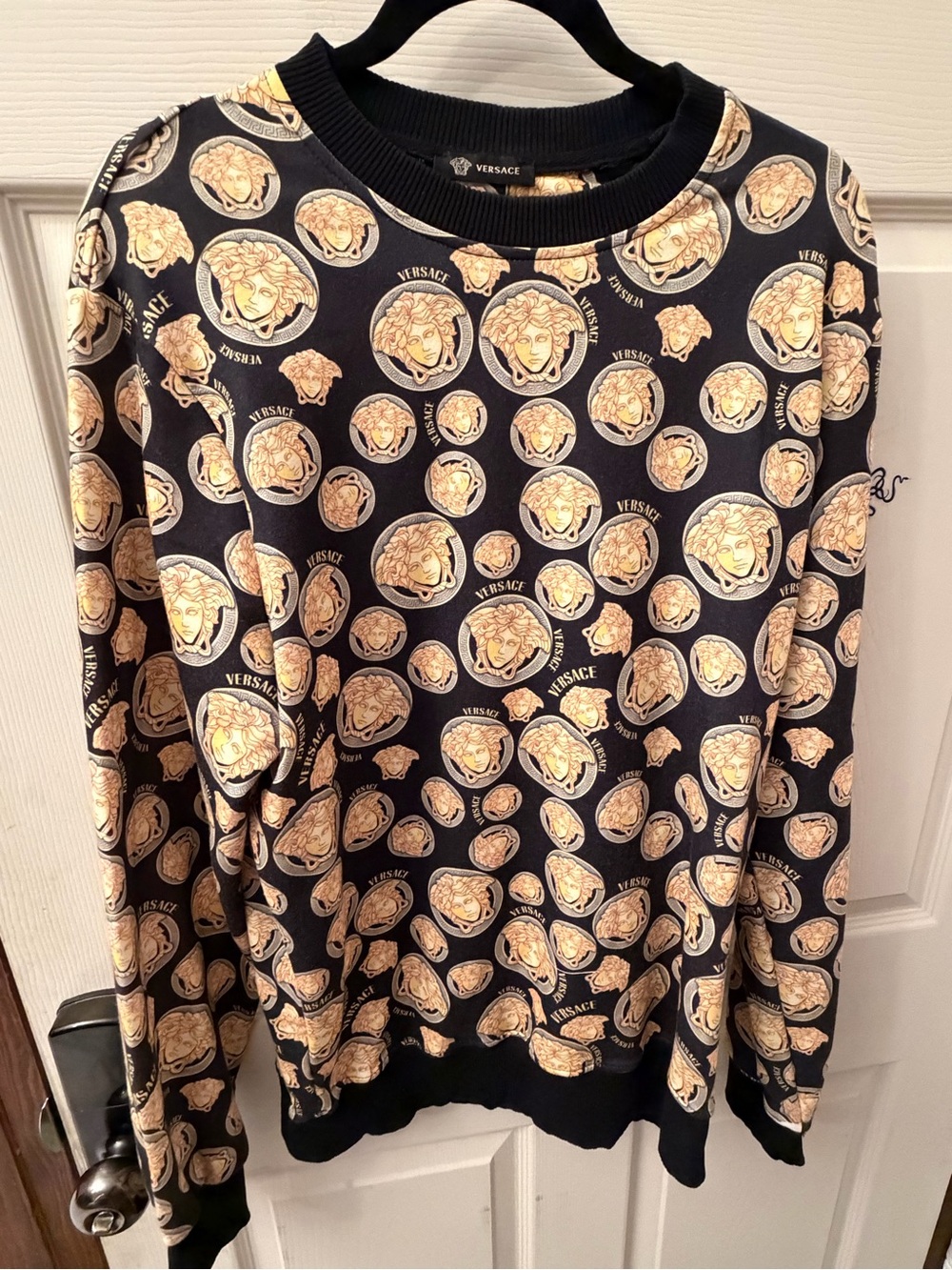 Versace Black Crewneck with Gold Medusa Coin Print